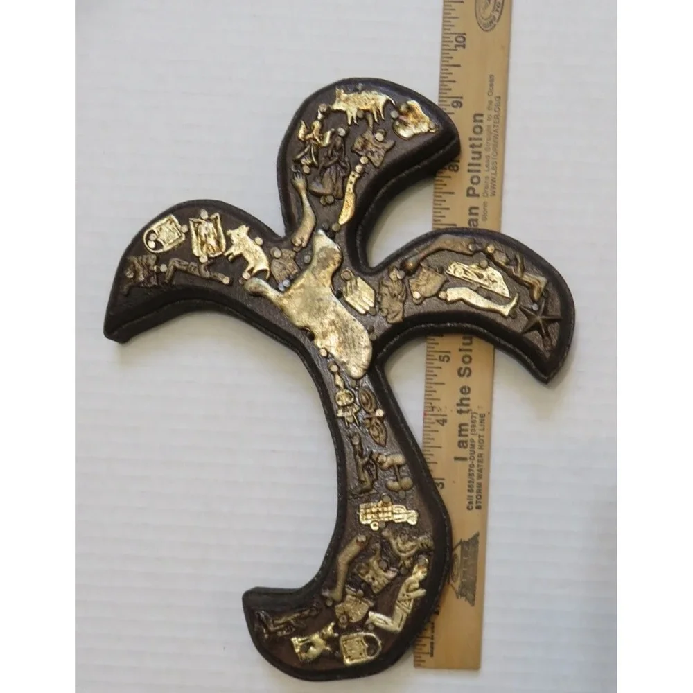 Mexican Folk Art Wall Hanging‎ Milagros Brown Wood Cross Gold Prayer Charms 9.5